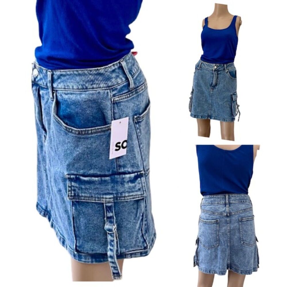NWT SZ 15 Junior's SO Mid-Rise Relaxed Cargo Jean Skirt Medium Blue Wash